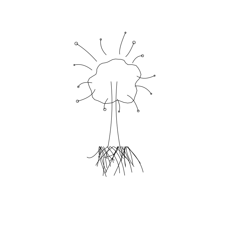 Abstract biological forms with technical line work, illustrated in monochrome.